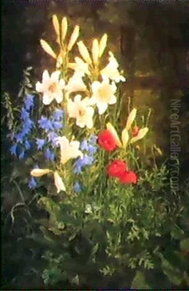Easter Lillies, Poppies And Bluebells In A Summer Landscape - view 1