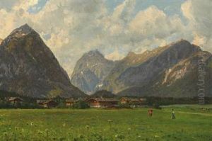 Mountain Landscape With Grazing Cows And Houses In The Background by Godfred B.W. Christensen