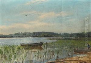 Landskab With Fisherman And Rowing Boats At The Edge Of A Lake Landskab With Fisherman And Rowing Boats At The Edge Of A Lake