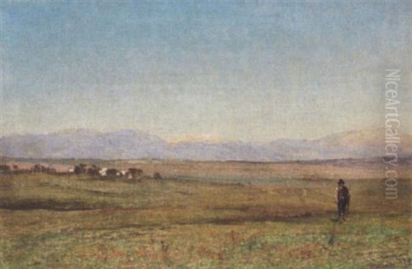 Italiensk Marklandskab Med Vandrende Bonde, I Baggrunden Bjerge - view 1