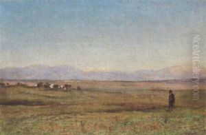Italiensk Marklandskab Med Vandrende Bonde, I Baggrunden Bjerge by Godfred B.W. Christensen