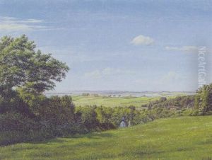 Mor Og Barn Spadserende I Sommerlandskab by Godfred B.W. Christensen
