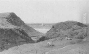 Graeassende Far Ven En Strandeng, I Baggrunden Havet Graeassende Far Ven En Strandeng, I Baggrunden Havet
