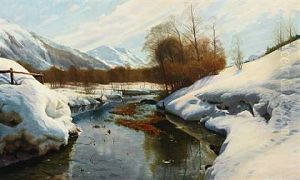 Winter Landscape With River And Mountains In The Background