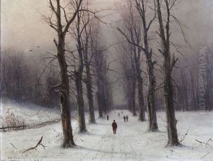A Wintry Tree Lined Road And Figures Waiting By A River, A Pair by Nils Hans Christiansen