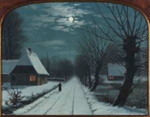 Snowy Village Street In Moonlight by Nils Hans Christiansen