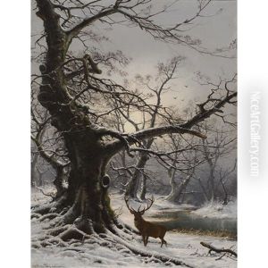 Stag In A Snow Covered Wooded Landscape by Nils Hans Christiansen