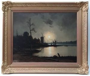 Moonlit Night, With Miller's Cottage And Windmill At Lakes Edge by Nils Hans Christiansen