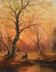 Forest Scene With Deer At Sunset by Nils Hans Christiansen