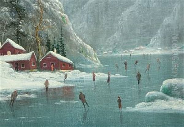 Norwegian Wintry Landscape With People Ice Skating On A Fjord - view 1