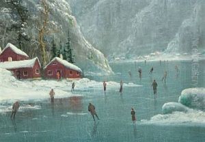 Norwegian Wintry Landscape With People Ice Skating On A Fjord by Nils Hans Christiansen