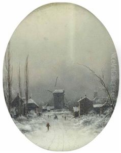 Winterlandschaft Mit Windmuhle Und Schneetreiben