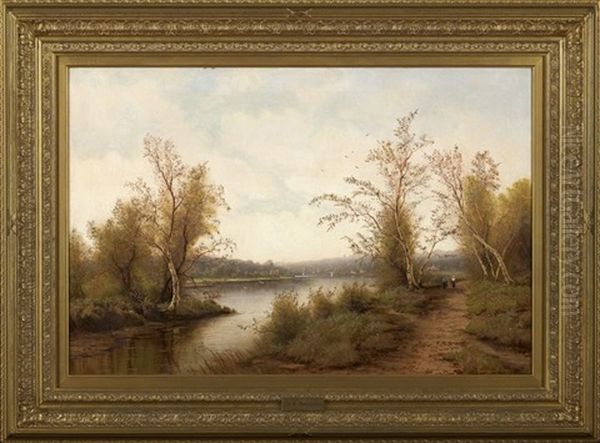 Bucolic Landscape Of Figures Walking On A Riverside Path - view 1