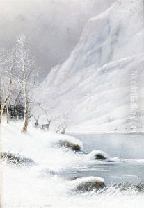Stags In A Winter Lake Scene (+ Figure And House On The Lake, Irgr; Pair) by Nils Hans Christiansen