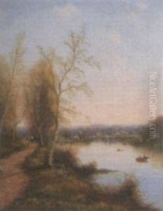 A River Landscape With A Town In The Distance by Nils Hans Christiansen