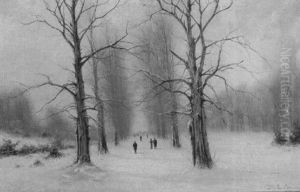 Winter Landscape Lane With Trees And Figures by Nils Hans Christiansen
