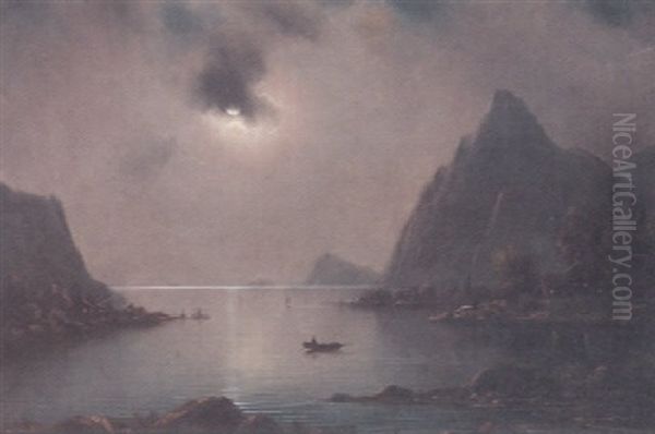 A Fjord Scene At Sunset With Fishing Smacks And A Figure In A Dinghy In The Foreground - view 1