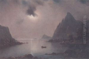 A Fjord Scene At Sunset With Fishing Smacks And A Figure In A Dinghy In The Foreground