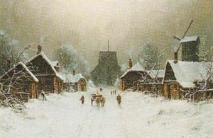 Dutch Winter Landscape With Figures And Cart On A Snowy Path By Cottages