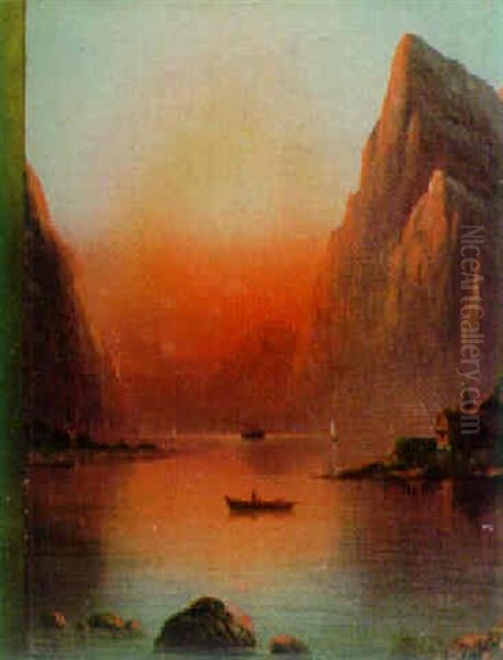 Boating On An Alpine Lake At Sunset - view 1
