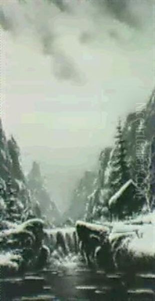 Cabin By Icy Waterfall; Winter - view 1