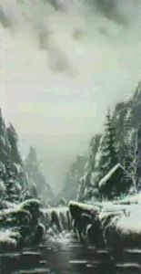 Cabin By Icy Waterfall; Winter by Nils Hans Christiansen