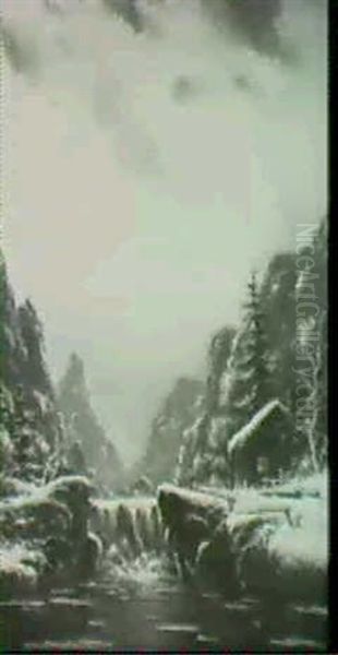 Cabin By A Winter Waterfall - view 1