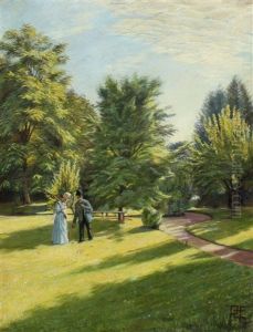 Scenery From The Park At Karise Folk High School With A Couple Playing Croquet by Poul S. Christiansen