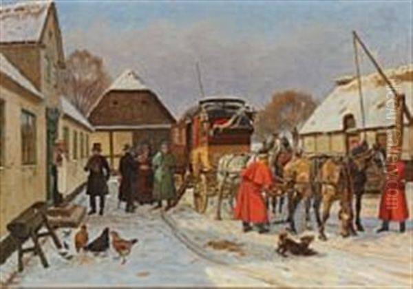 Winter Village Scenery With Street Life Around The Stagecoach - view 1