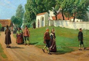 Scenery With Persons By Onsbjerg Church, Samsoe Scenery With Persons By Onsbjerg Church, Samsoe