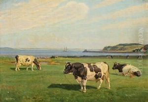 Summerlandscape With Bull And Cows In The Field At The Inlet Of Hjarbaek by Rasmus Christiansen