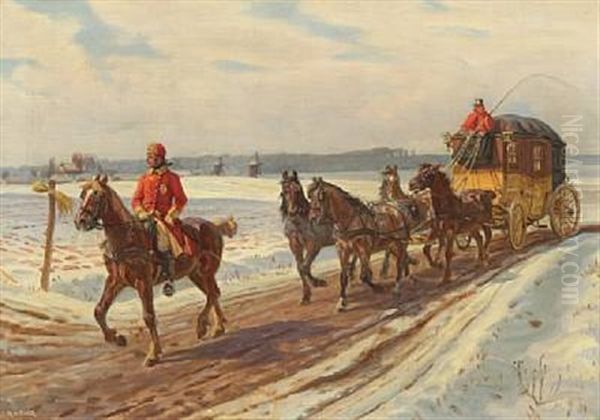 Postkariol Med Forrider Pa Landevej I Vintervejr - view 1