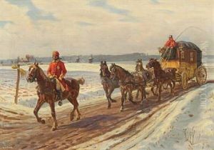 Postkariol Med Forrider Pa Landevej I Vintervejr by Rasmus Christiansen