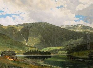 Gebirgslandschaft Mit Stillem See Und Ruderer Gebirgslandschaft Mit Stillem See Und Ruderer