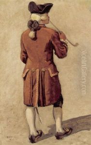 Piberygende Herre I Rod Rokokofrakke by Rasmus Christiansen