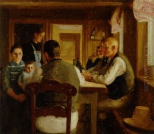 Familien Er Samlet Ved Spisebordet, Maendene Drikker Ol Af Flaske by Soren Christiansen