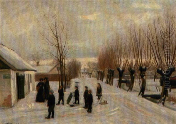 Landsbygade Med Llegende Born Og Musikanter, Vinter - view 1
