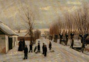 Landsbygade Med Llegende Born Og Musikanter, Vinter by Soren Christiansen