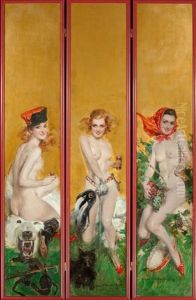 Three Nudes, Hunting, Fencing, And Tambourine, Screen (triptych)