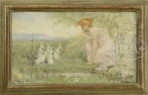 Maiden With Rabbits In A Meadow