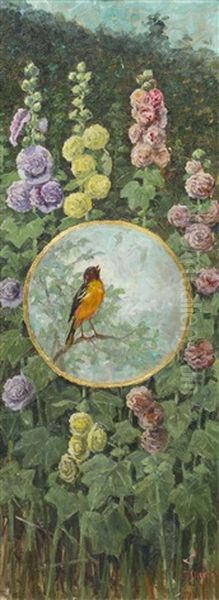 Double Hollyhocks And Oriole - view 1