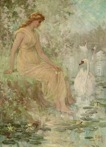 Ethereal Woman Sitting Near Swans