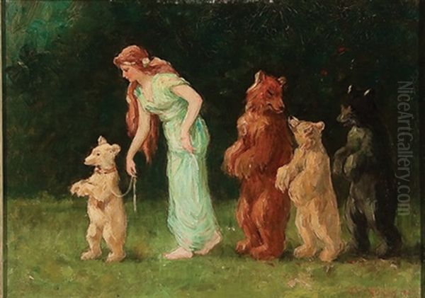 Young Woman Walking With Bear Family - view 1