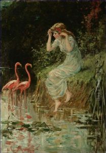 Flamingoes (sic) Depicting A Young Girl Dipping Her Toe Into A Pond Near Flamingos