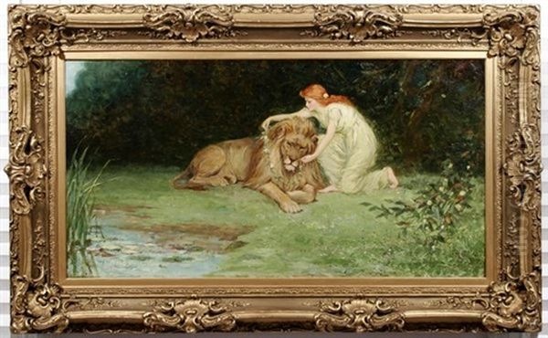 Lady Placing A Wreath Of Flowers On A Lion - view 1