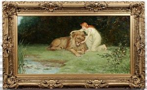 Lady Placing A Wreath Of Flowers On A Lion