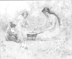 Woman Outdoors Preparing Meal For Cupid, Bear And Doves by Frederick Stuart Church