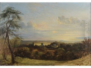 The Sun Setting Over A Village In A Wooded Landscape, Said To Be In Suffolk