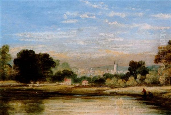 Flusslandschaft Mit Fischern Und Blick Auf Eine Stadt - view 1