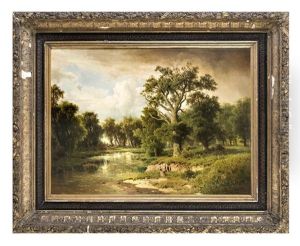 Waldige Uferlandschaft Mit Wascherin